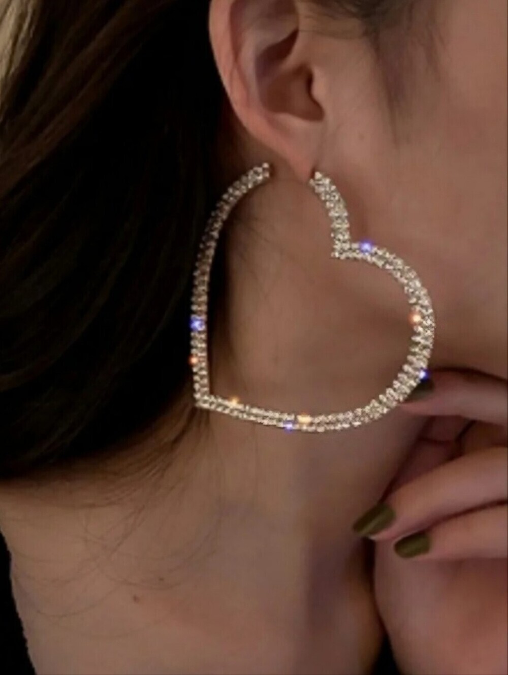 Silver Hoop Rhinestone Heart Earrings Silver Tone 925 Post